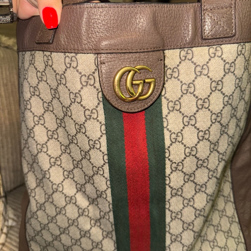 Gucci Large Supreme Ophidia Monogram Tote with Brown Leather